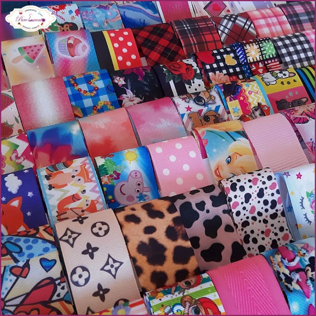 Kit 20 Metros Fita de Gorgurão 38mm – Estampas Variadas Coloridas para Laços, Artesanato e DIY em Oferta na Shopee