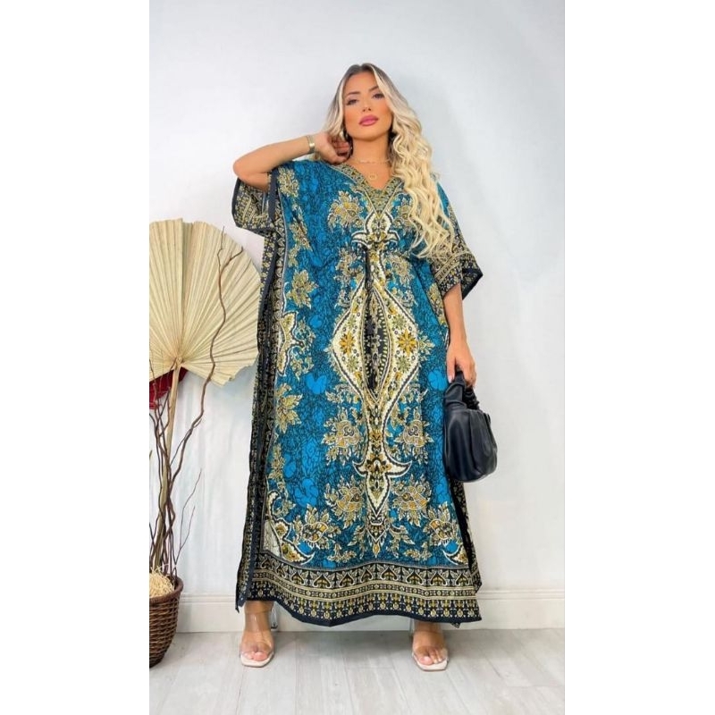 kafta vestido longo com ajuste na cintura moda Indiana veste plus size