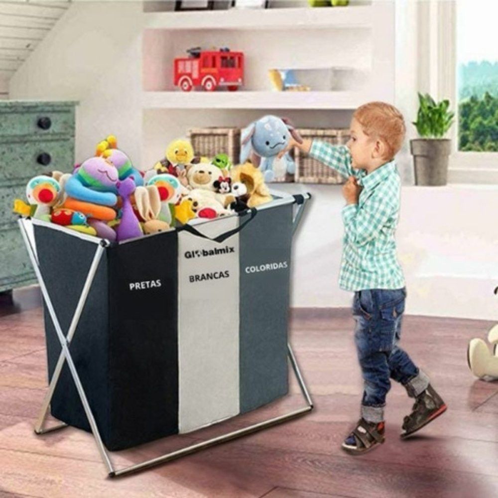 Cesto roupa suja 3 divisoria moderno organizador grande