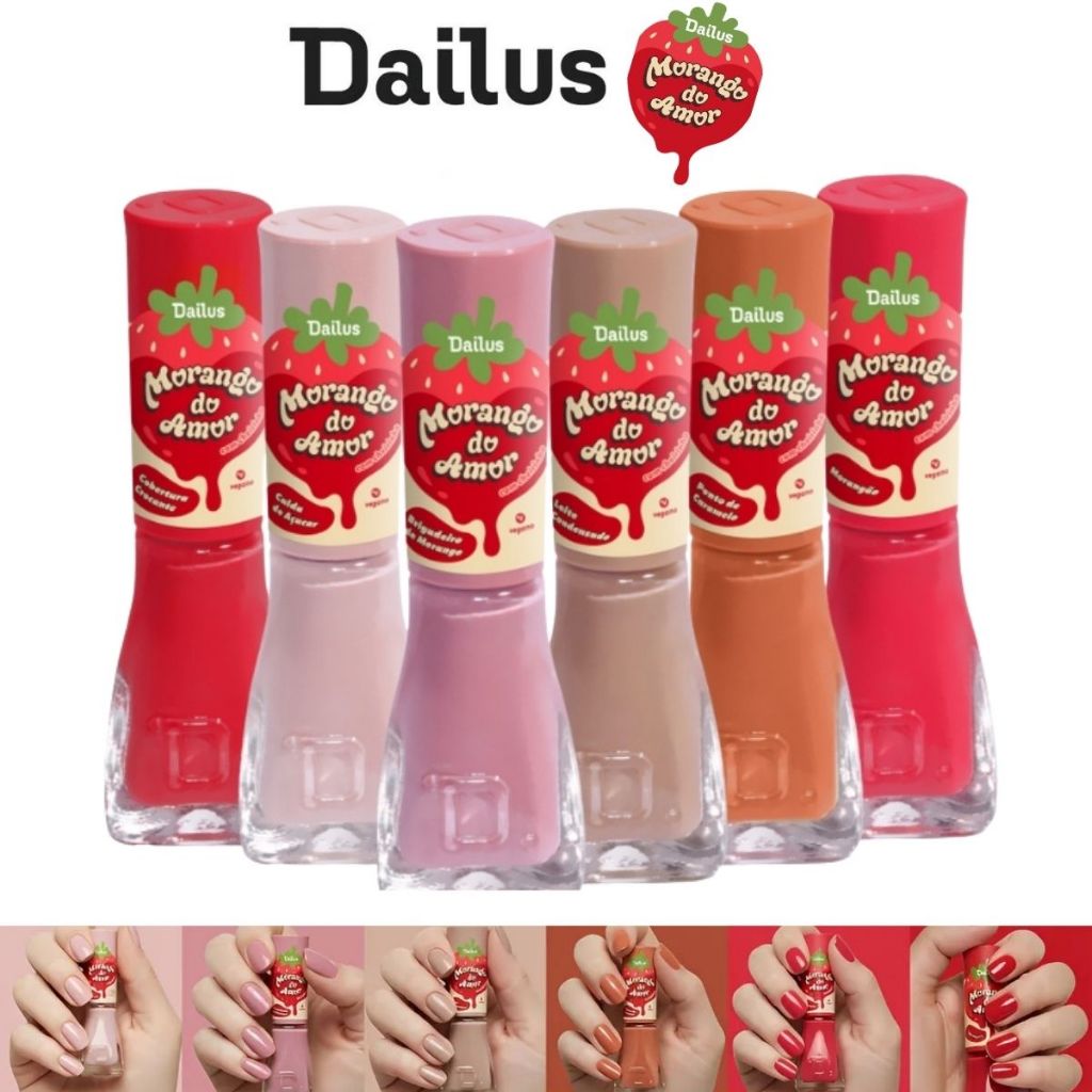 Esmalte Dailus Morango Do Amor Kit Com 6 Esmaltes Vermelho Nude Rosa Vermeho E Nude