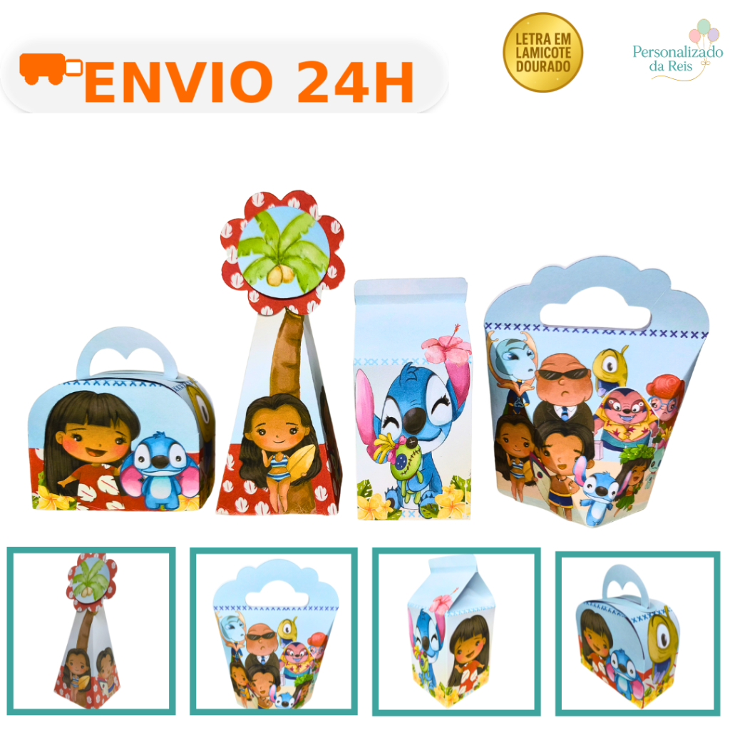 Kit Festa Infantil Lilo e Stitch 10  20 40 60 Caixas Personalizadas | LETRA Dourada | Envio Imediato