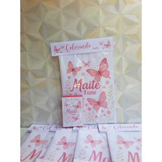 Kit mini livrinho de colorir + cx mini giz de cera Borboleta Rosa Jardim em Oferta na Shopee