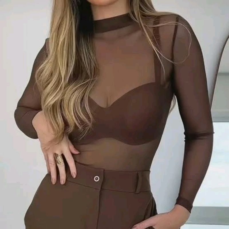 Body Tule Liso Marrom – Segunda Pele, Manga Longa, Conforto Extensível – Tam. Único (veste 36–42| P–G) em Oferta na Shopee