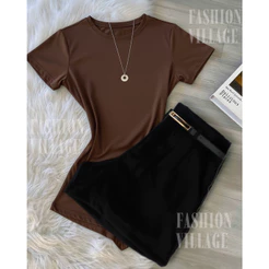 Conjunto2 Um Body Gola Careca + SHORT PRETO com cinto Inspiração Moda Blogueira 2028