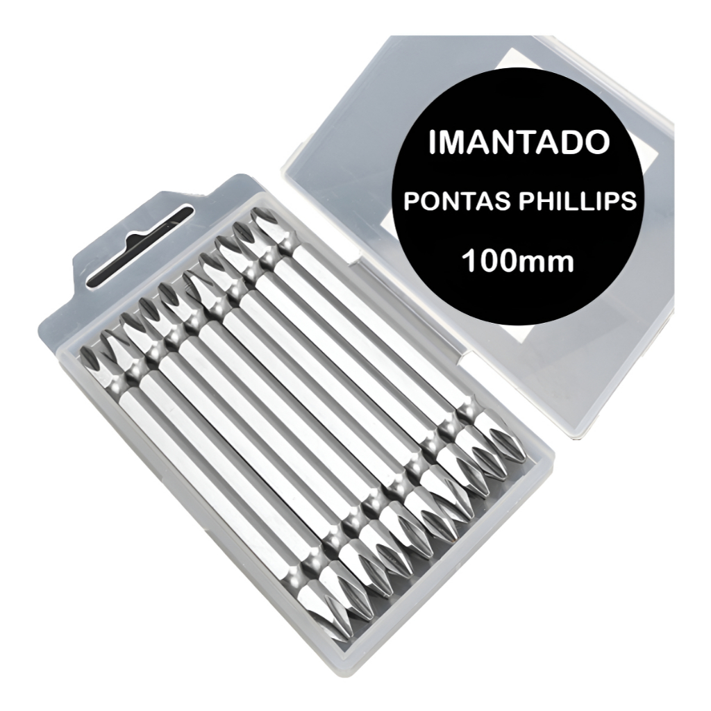 Kit 10 Peças Bits Ponteira Dupla Philips PH2 100mm Com Imã Parafusadeira Eletrica Pneumatica Parafusar