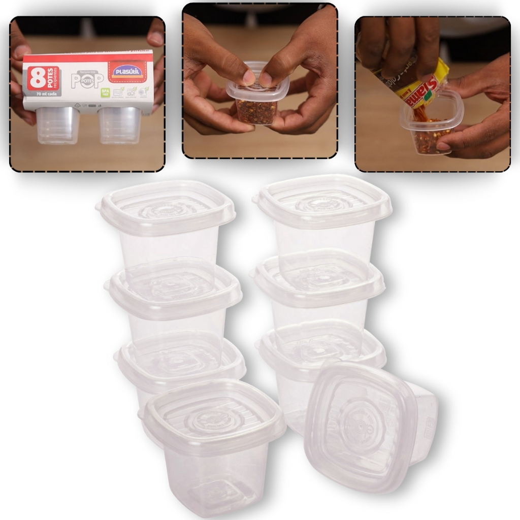 Conjunto Jogo 8 Potes Potinhos Porta Temperos Condimentos Plasútil 70 mL Papinha Bebê Nenê Criança em Oferta na Shopee