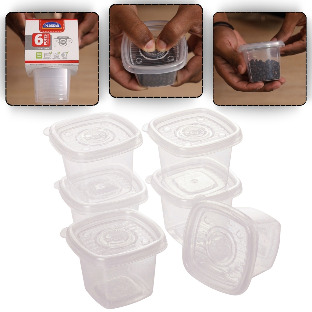 Jogo Kit 6 Potes de Plástico Com Tampa 170 mL Para Alimentos Temperos Codimentos Comida Papinha em Oferta na Shopee