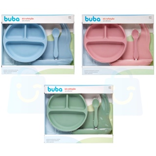 Kit Refeição Prato Ventosa Babador E Colher Silicone Buba em Oferta na Shopee