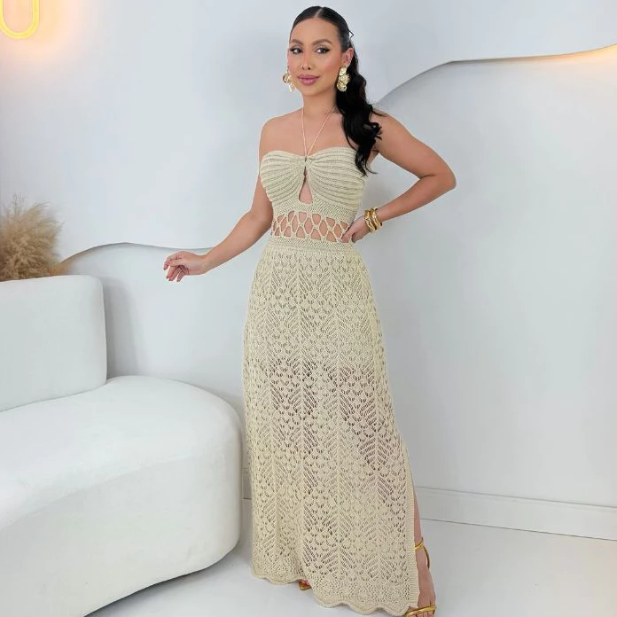 Vestido Tricot Longo Forrado Rendado Croche Festas Praia Tendencia Confortavel Premium — imagem 1