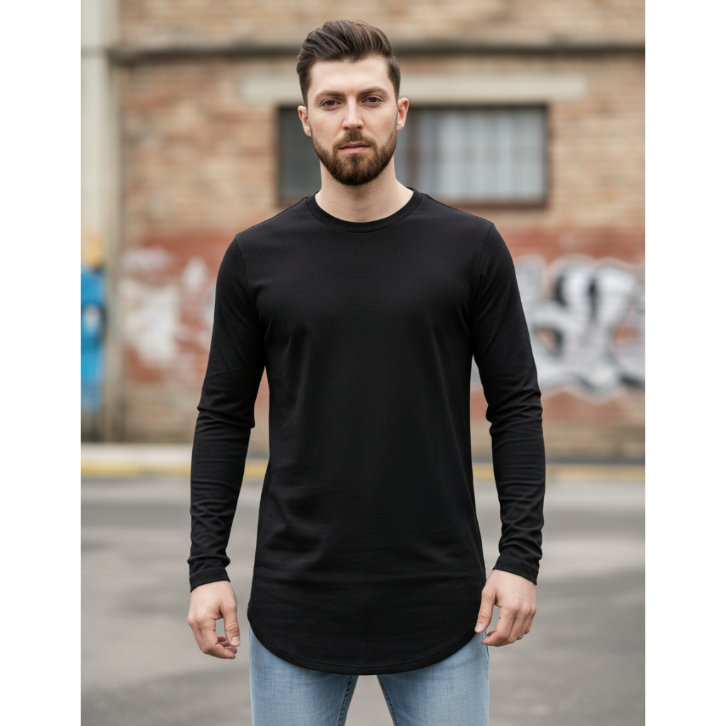Camiseta Camisa Oversized Longline Manga Longa Masculina Manga Comprida Algodão