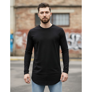 Camiseta Camisa Long line Manga Longa Masculina Manga Comprida Algodão