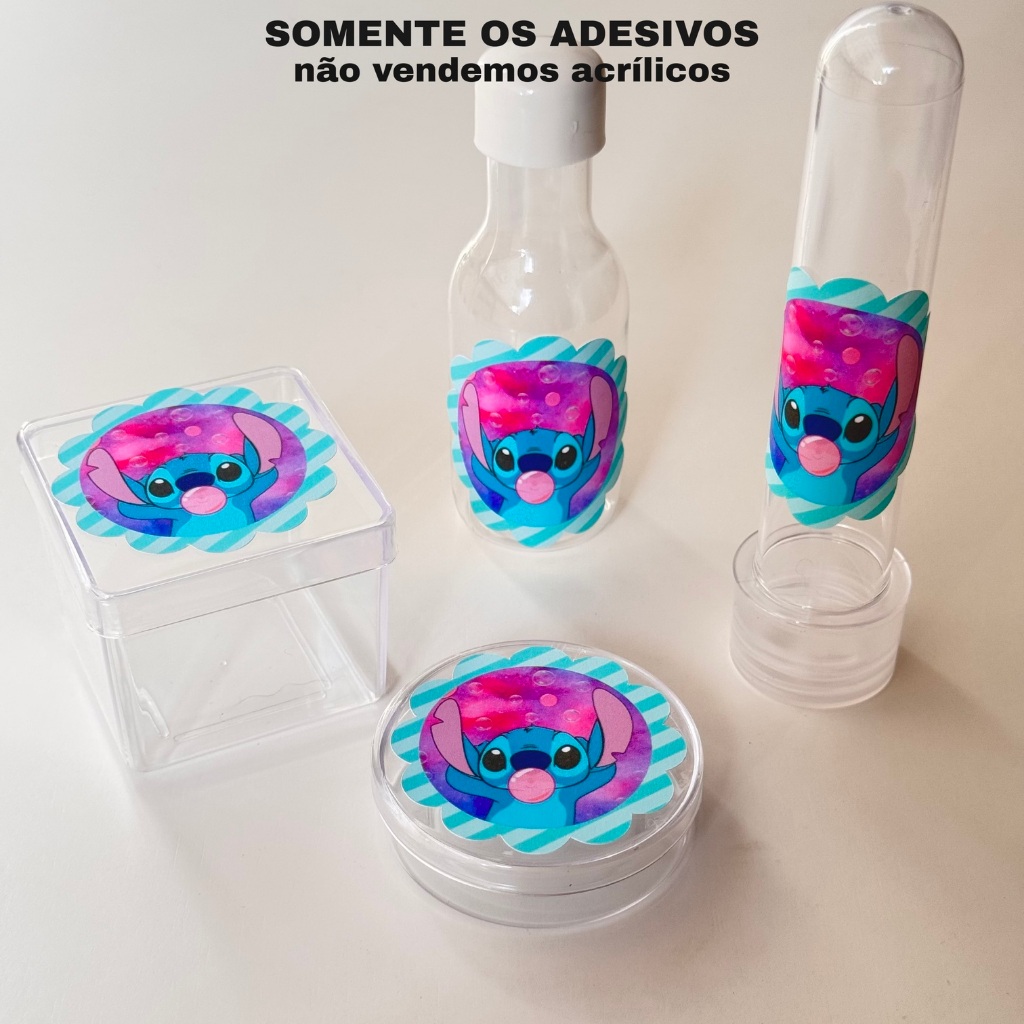 40 rótulos adesivos 4,5cm para decorar latinha, tubete, caixinha e garrafinha tema Stitch SEM NOME