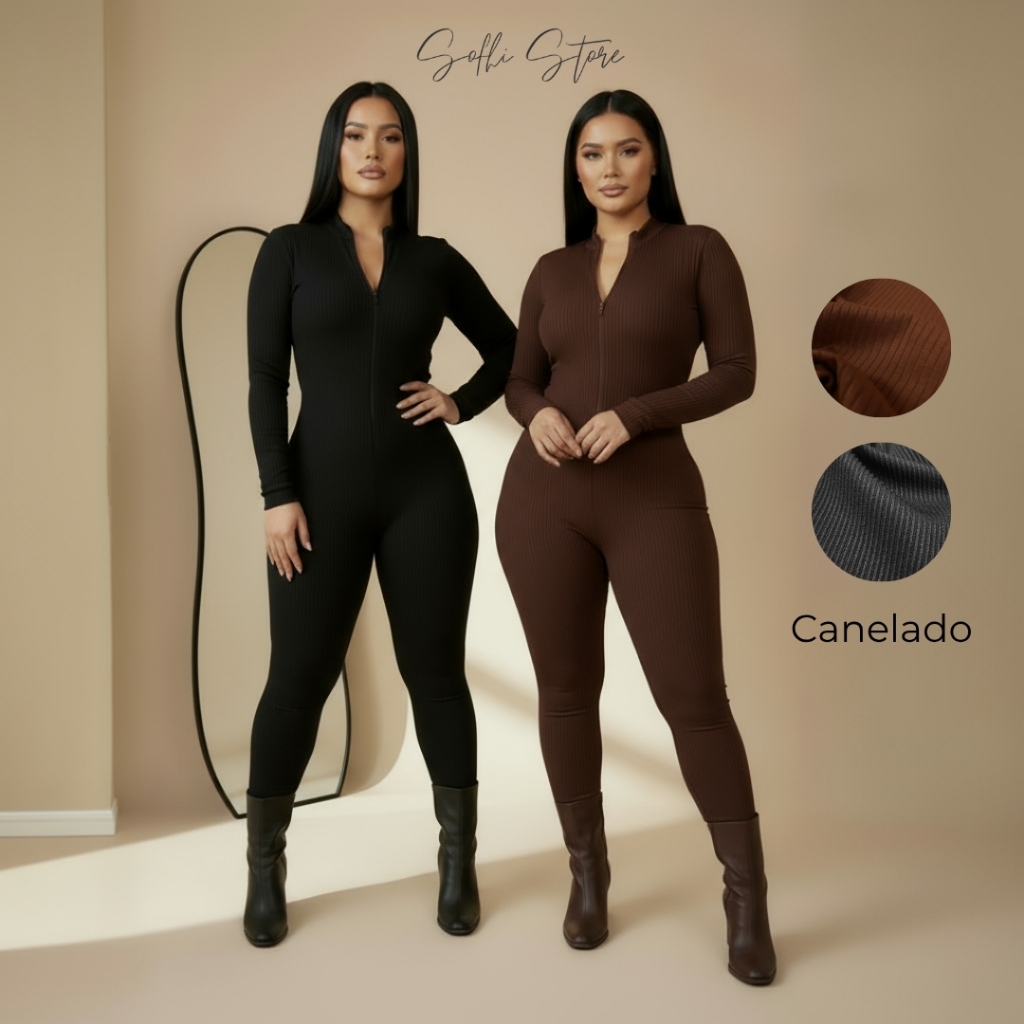 Macacão feminino Preto Canelado Virgínia Premium Manga Longa