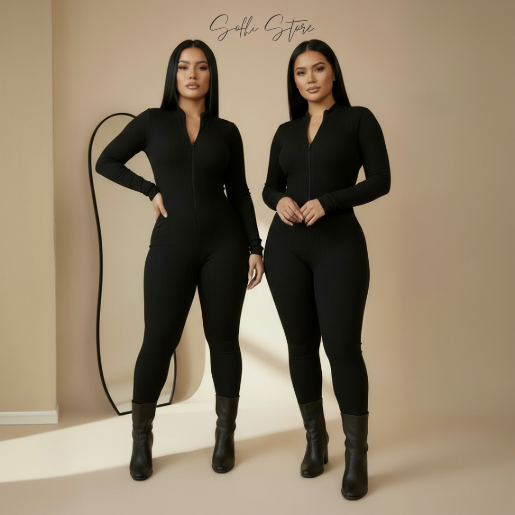 Macacão feminino Preto Canelado Virgínia Premium Manga Longa — imagem 2 de 2