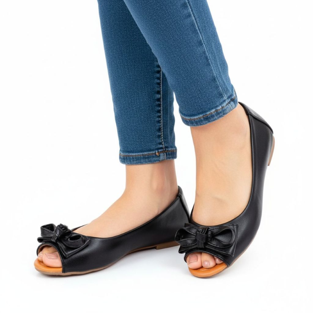 Sapatilha Feminina Peep Toe Preta Confortável Com Saltinho Delicada Elegante Salto Baixo Rasteirinha