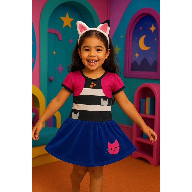 Vestido Infantil A Casa Mágica Da Gabby Gabi + Tiara Gatinho