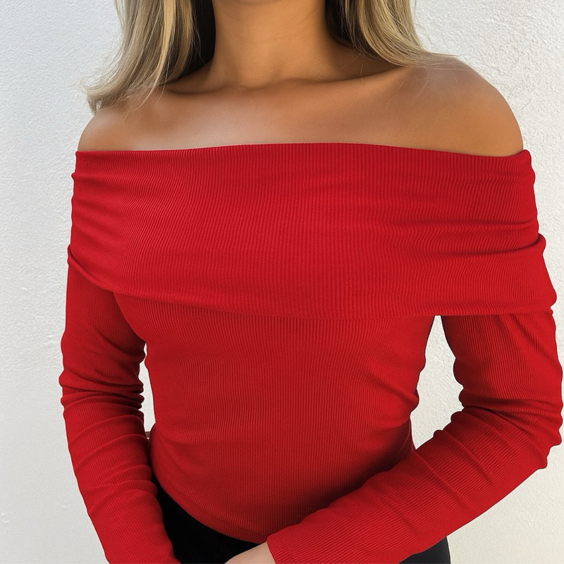 Blusinha ombro a ombro tomara que caia canelada manga longa feminina inverno em Oferta na Shopee