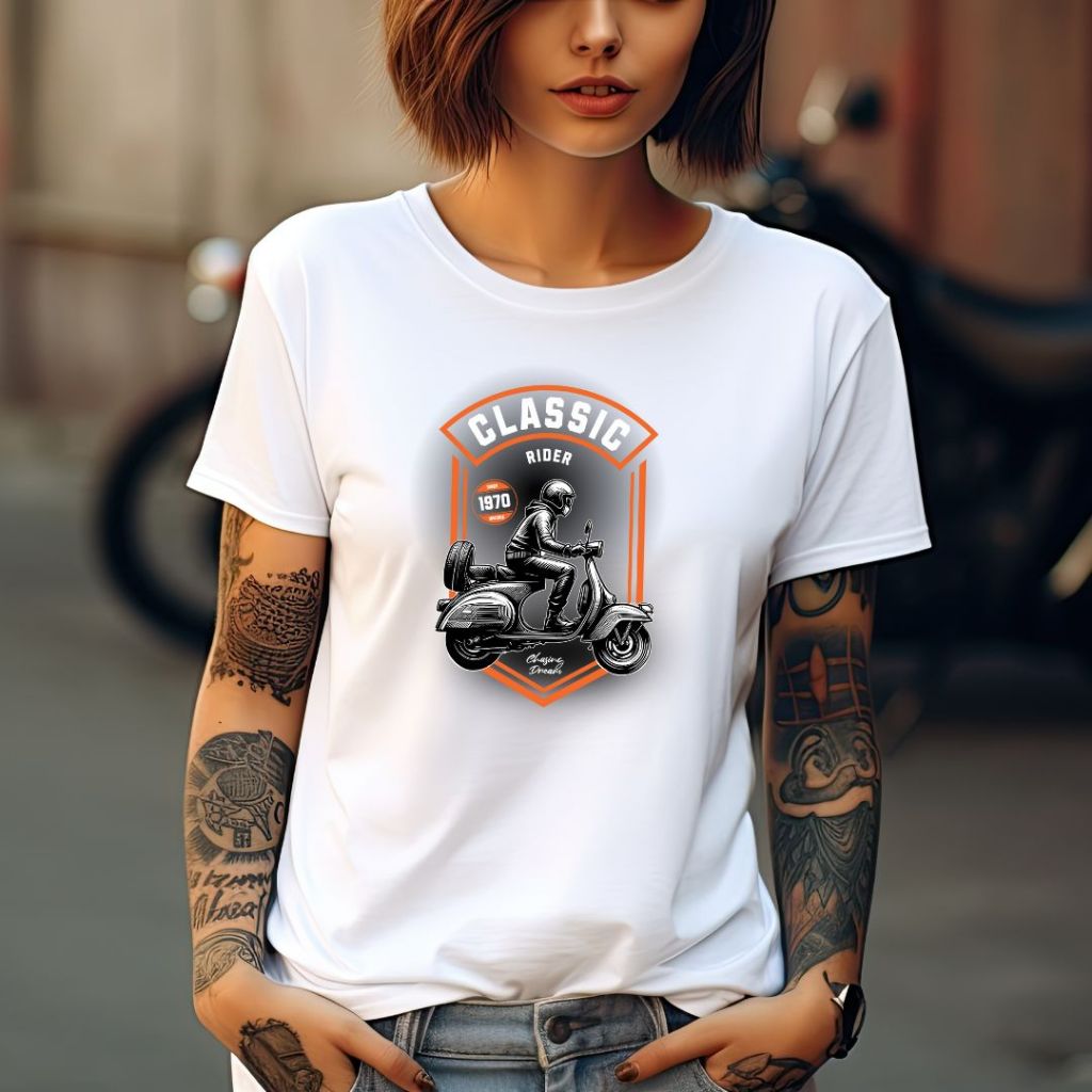 Camiseta Basica Branca Estampa Classic Rider 1970 | Clássica, Estilo Retrô Garage Lambreta Vespa | Poliéster e elastano