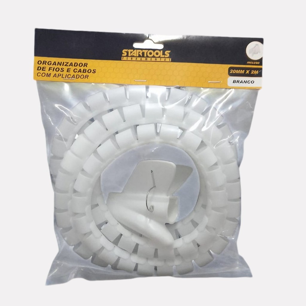 Organizador de Fios e Cabos Espiral 20mmx2m Aplicador Capa Protetora Branca Eletroduto Escritório