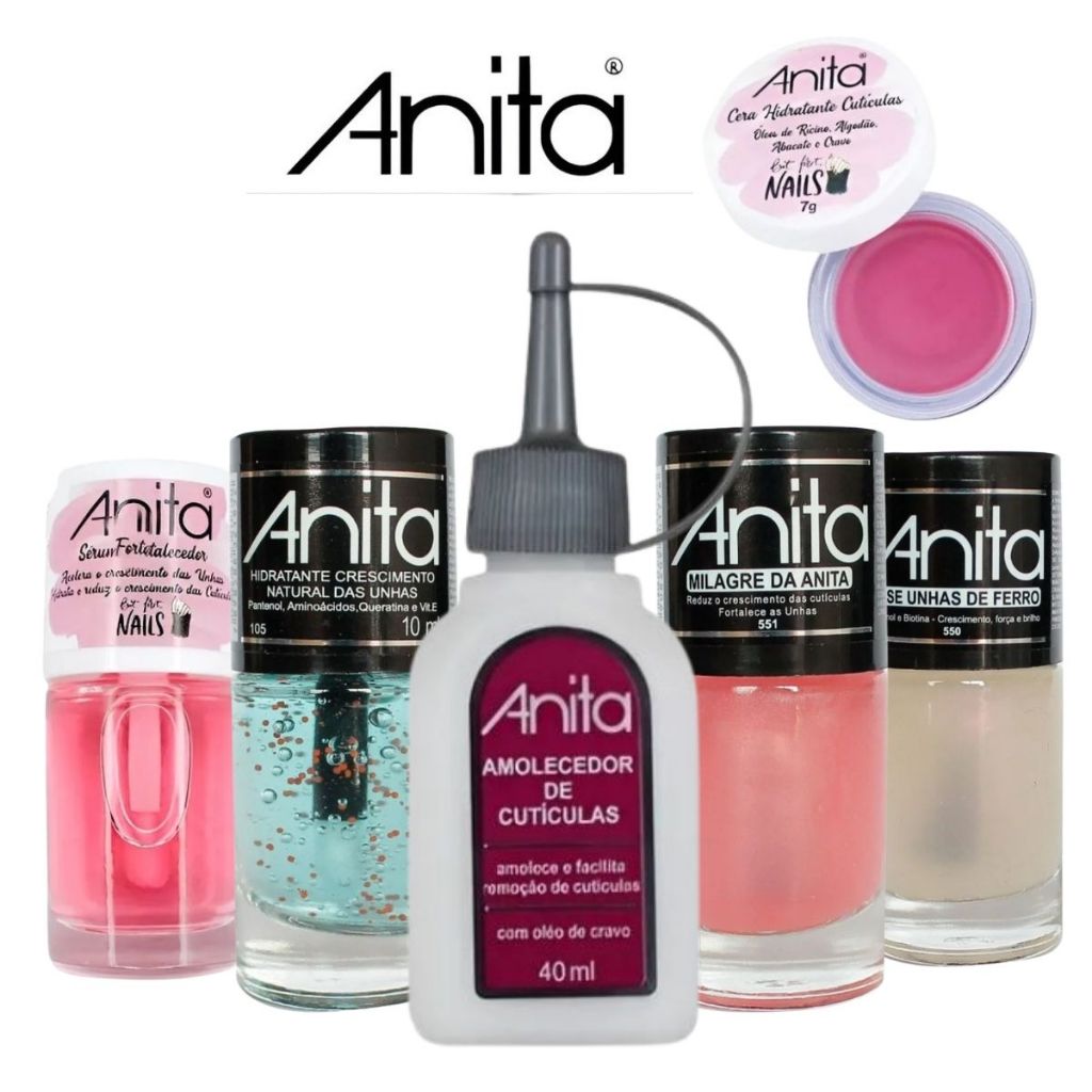 ANITA - KIT 6 PRODUTOS TRATAMENTO PARA UNHAS ANITA CERA + AMOLECEDOR DE CUTÍCULAS 40 ML+ 4 ESMALTES em Oferta na Shopee