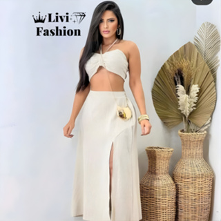 Conjunto  linho listrado saia Midi Aberto Fenda Top com bojo em Oferta na Shopee