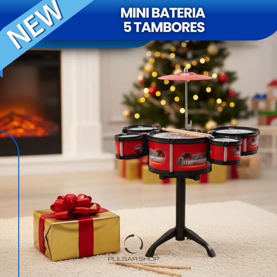 Mini Bateria Vermelho e Azul Musical Infantil Brinquedo com 5 tambores e Baqueta Menino Menina