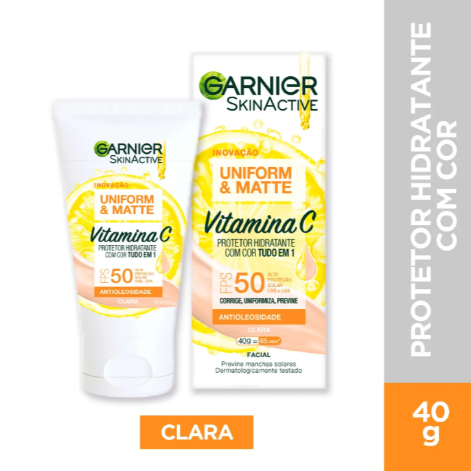 Garnier Protetor Solar Hidratante Efeito Matte FPS50 Uniform & Matte, Antioleosidade com Vitamina C, 40g, Cor Clara