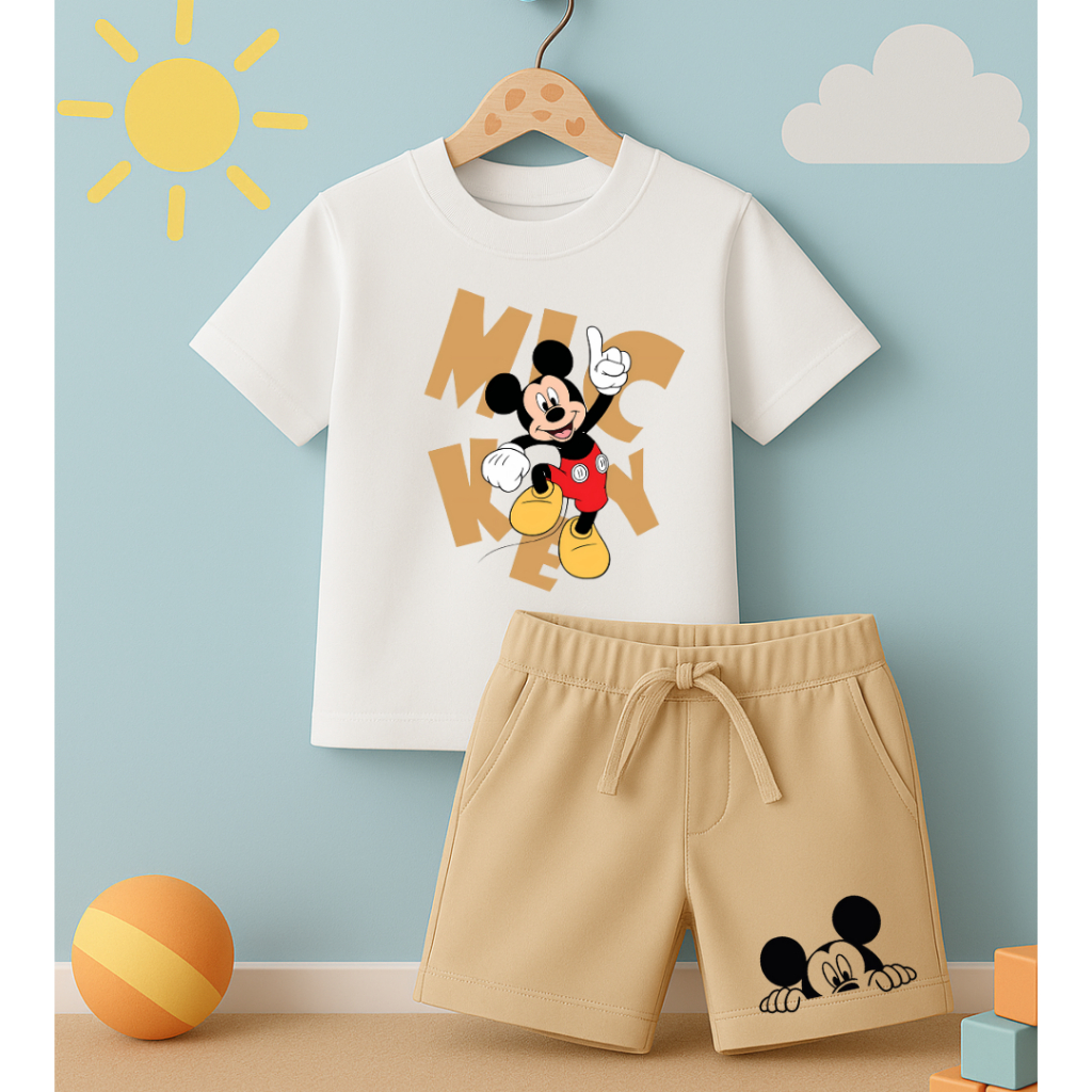 Conjunto Camiseta e Short Moletinho Infantil Juvenil Mickey Mouse Verão básico casual Menino