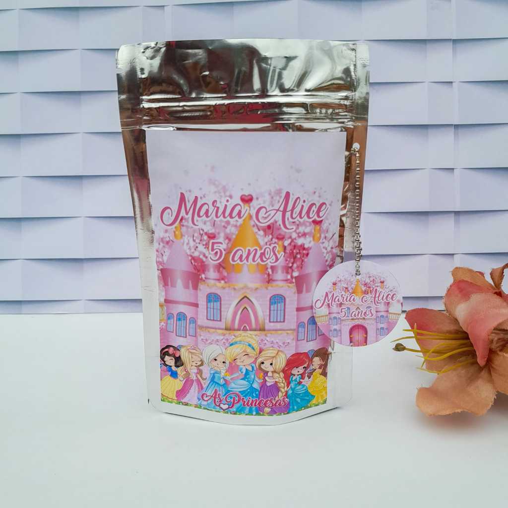 Saquinho Metalizado Zip Lock 12x19/Lembrancinha de Festa/Personalizado Princesas Cute Disney