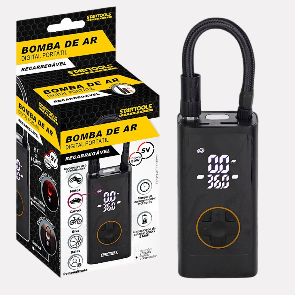 Bomba de Ar Compressor Portátil Digital Recarregável Pneu Carro Moto Bicicleta 80W 4 Bicos LED