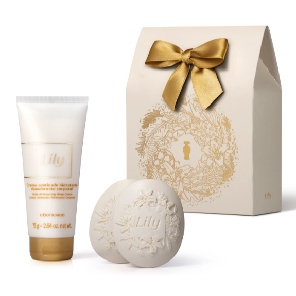 Kit Presente Natal Lily Cuidados (2 Itens) O Boticário - Creme Acetinado75g + 2x sabonete em Barra