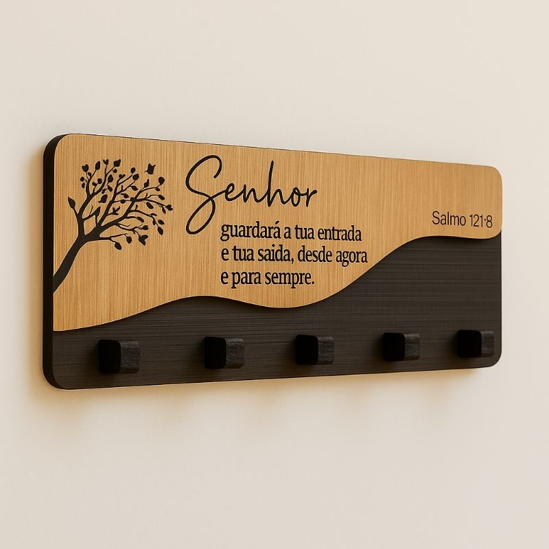 Porta Chaves Salmo 121:8, Modelo Slim - Cor Madeira em Oferta na Shopee