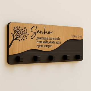 Porta Chaves Salmo 121:8, Modelo Slim - Cor Madeira em Oferta na Shopee