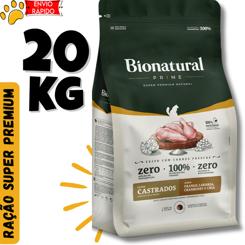 Ração Super Premium Bionatural para Gatos Castrados 20kg sabor Frango Envio Rápido em Oferta na Shopee