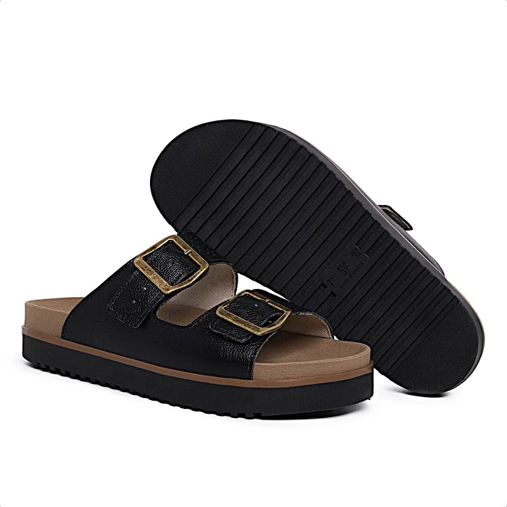 Sandália Feminina  Birken Couro Legitimo com Duas Fivelas – Conforto Anatômico, Solado Antiderrapante e Estilo Casual P