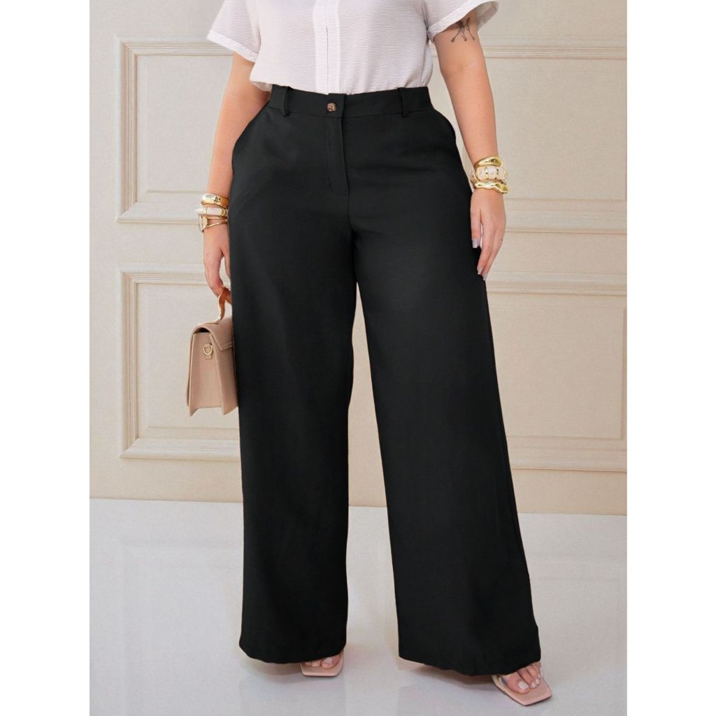 Calça Pantalona Plus Size com Zíper Botão e Elástico