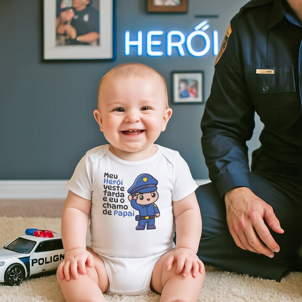 Body Bebê Algodão Estampa Frase Meu Herói Veste Farda Papai Policial