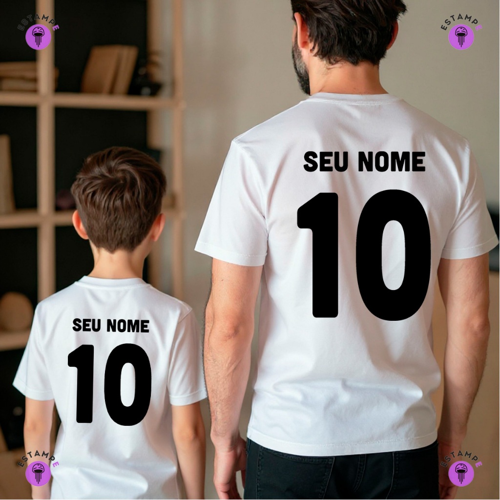 Kit 2 Camisetas Pai e Filho Adulto e Infantil Seu Time e Seu Nome Camisa 100% Algodão Premium Masculino Feminino
