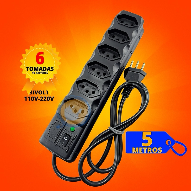 Filtro de Linha Cabo PP 3, 4, 5 e 6 Tomadas 3 e 5 Metros bivolt Com Proteção Fusível Chave E Led em Oferta na Shopee
