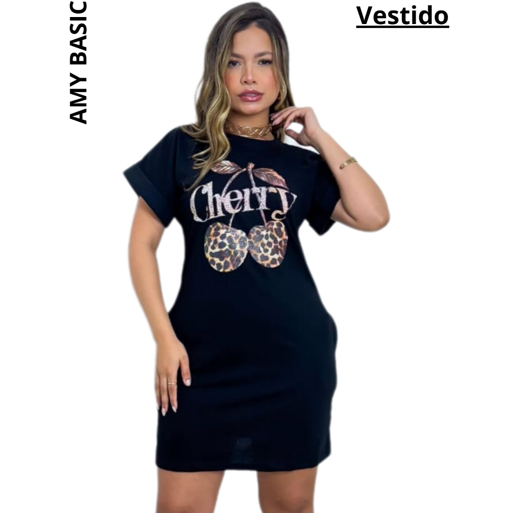 Vestido Curto Feminino Soltinho Manga Curta Japonesa Bolso Casual