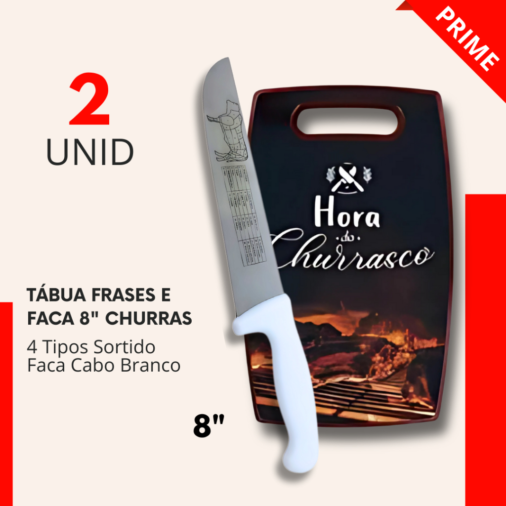 Kit 2- Tabua De Cozinha e Faca 8" para Churrasco Corte de Alimentos Carne faca Profissional