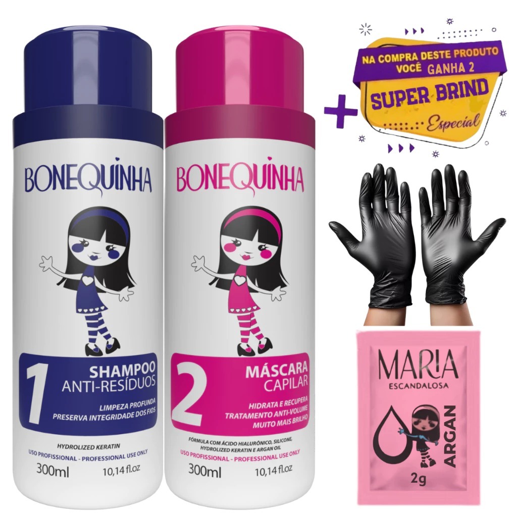 KIT ESCOVA PROGRESSIVA SHAMPOO E MÁSCARA BONEQUINHA ESCANDALOSA 2X300ML Original .