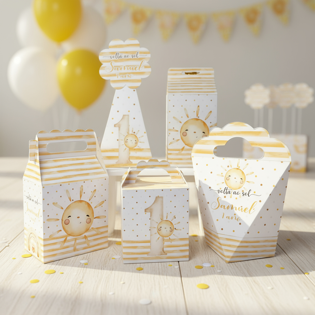 Lembrancinha Minha Primeira Volta ao Sol Festa Infantil Aniversário Caixinhas Personalizadas Pegue e Monte