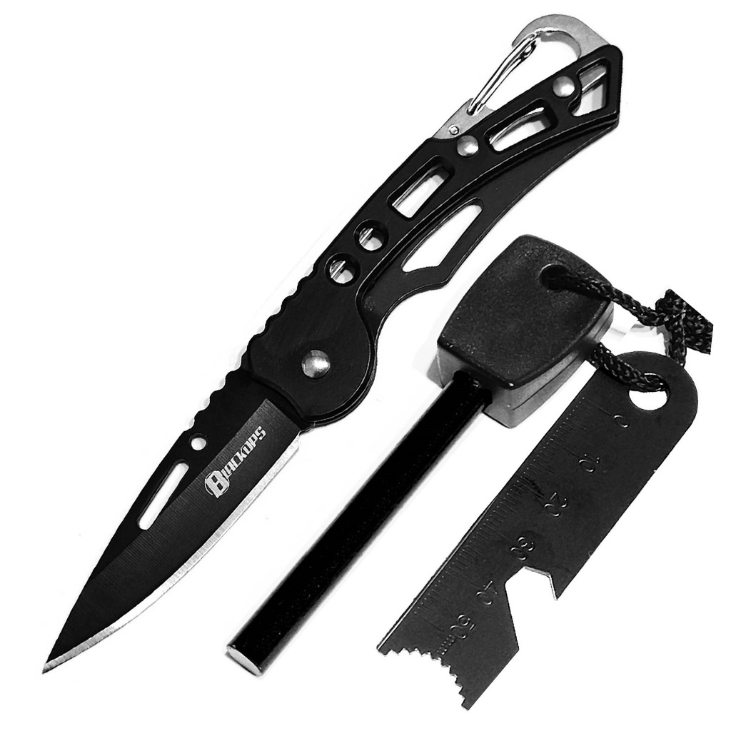 Mini Canivete Mini Faca Edc Black Ops KN-X + Pederneira Maciça Magnésio Acendedor Fogo