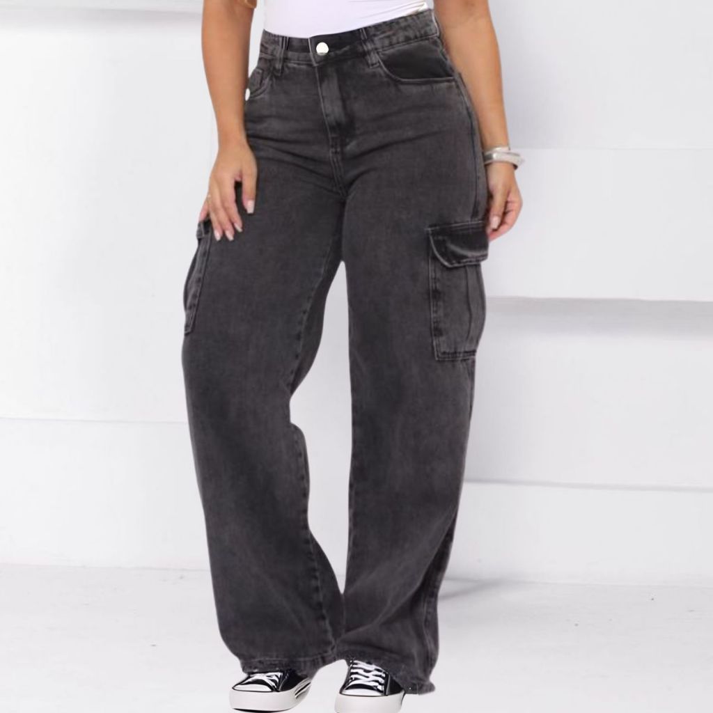 Calça Cargo Feminina Jeans Grafite Perna Larga Wide Leg Cintura Alta Bolsos em Oferta na Shopee