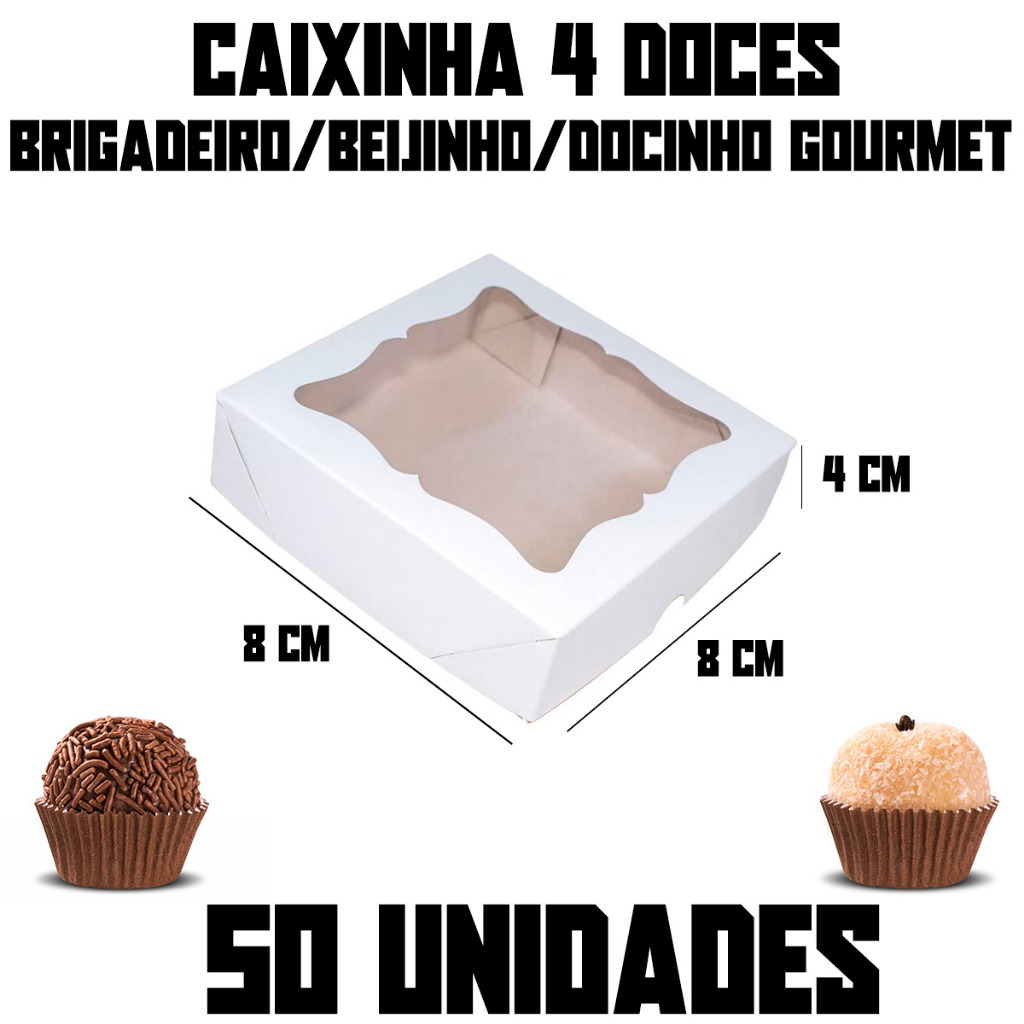 50-25-10 Caixas Caixinhas Embalagens 4 Doces Docinhos Gourmet Brigadeiro Beijinho Bem Casado 8cmx8cmx4cm Com Visor