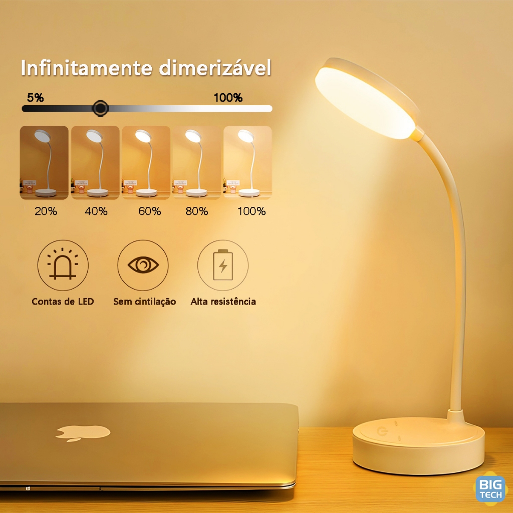 Luminária De Mesa Recarregáveis Led Com Proteção Os Olhos 360° Ajustável 3 Cores de Luz