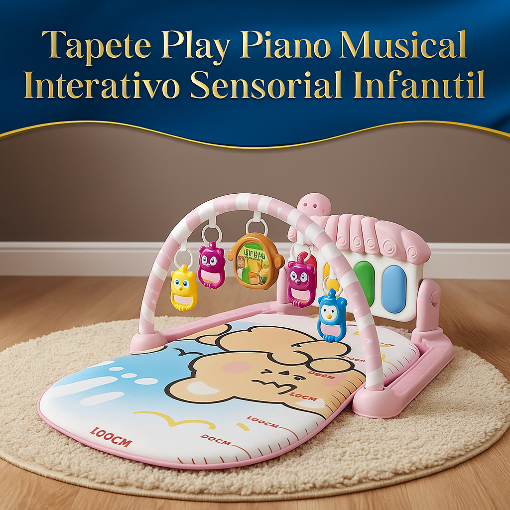 Tapete Play Piano Musical Interativo Sensorial Infantil Ursinho Rosa Educativo com Móbiles Coloridos
