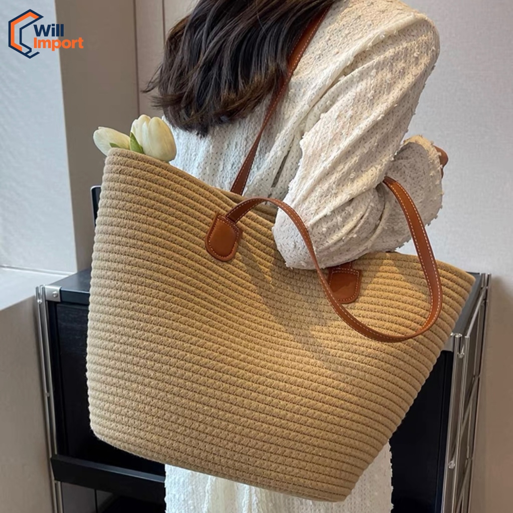 Bolsa de palha de grande capacidade para férias casuais praia portátil nova moda bolsa de ombro tecida em Oferta na Shopee