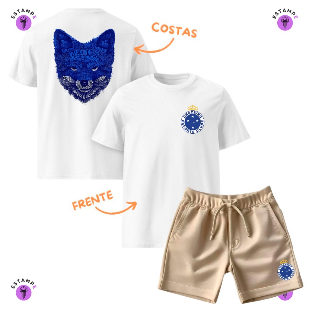 Kit Infantil 2 peças Sendo 1 Camiseta e 1 Bermuda Moletinho Cruzeiro Raposa Time Futebol  Infantil